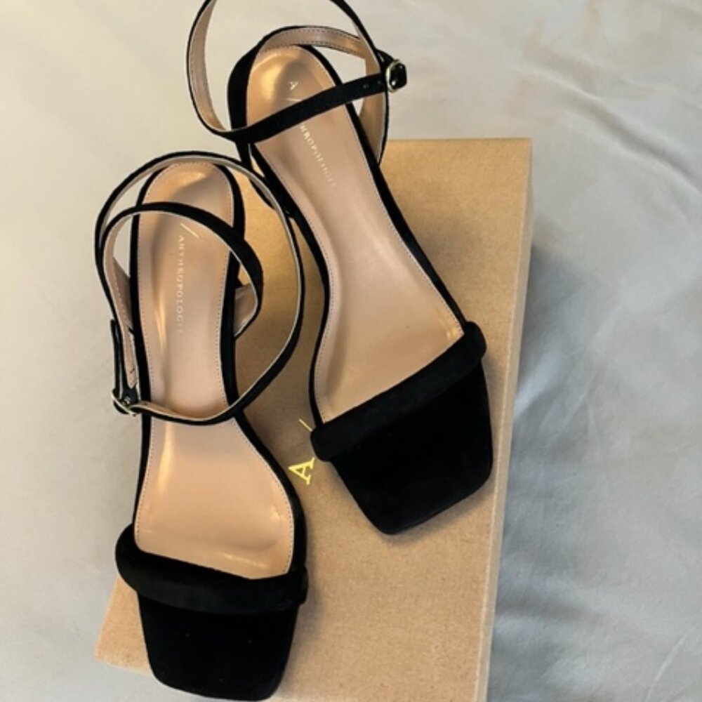 By Anthropologie Square-Toe Ankle-Strap Black Heels Size 39 - Picture 2 of 6